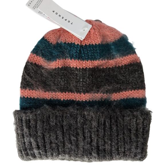 Topshop Fuzzy Knit Beanie Pink Teal Gray Striped Winter Hat - Picture 1 of 7
